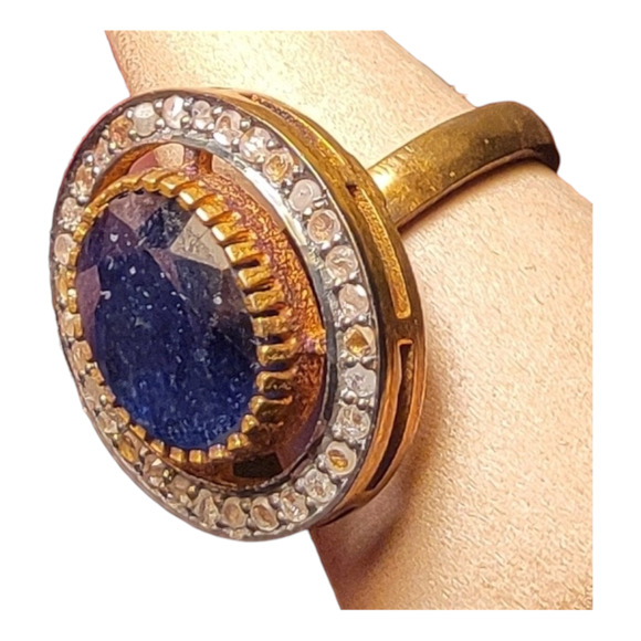 Blue Sapphire Ring, Diamond Pavé, Vermeil Over Silver, Unique Engagement Ring - Picture 1 of 7